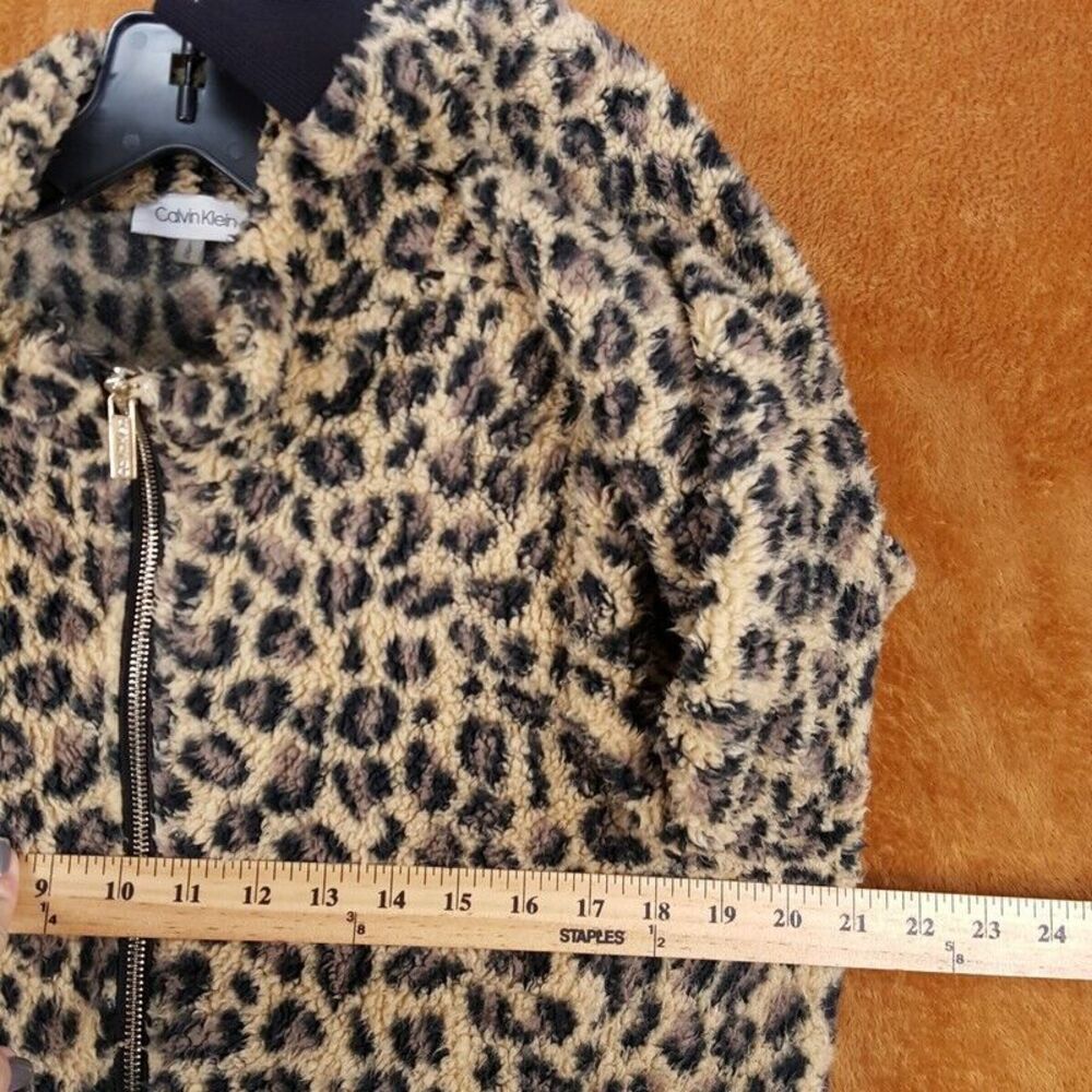 CALVIN KLEIN Womens Jacket Large Tan Leopard Zip Up Sherpa Plush Teddy Pockets - Picture 6 of 8